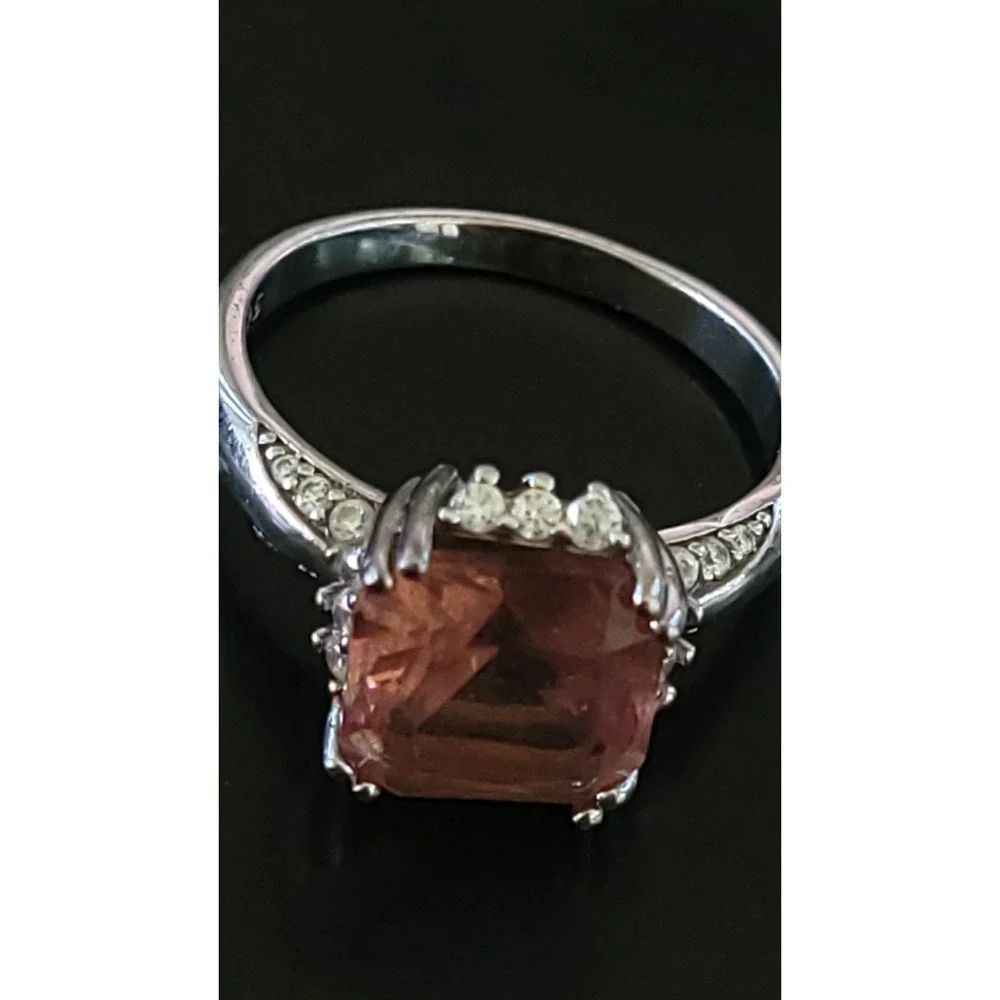 925 Sterling Silver Peach Pink Cushion Cut Statement Ring Size 8.5 4.75g